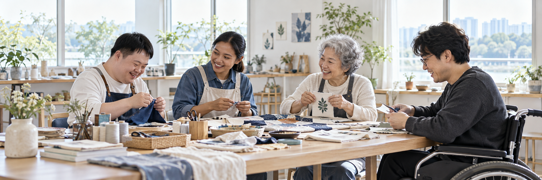 밝은 공방에서 장애인, 이주민, 어르신이 함께 공예 활동을 하는 모습 · AI 생성 이미지